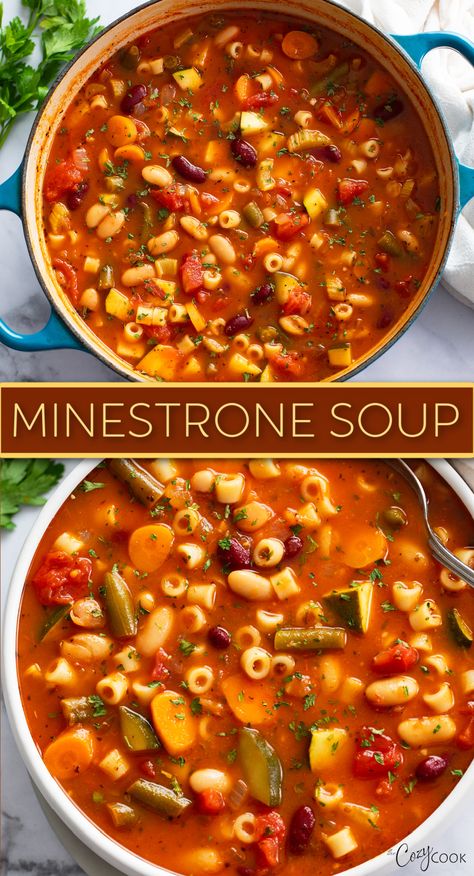 minestrone soup with pasta, a mix of vegetables, and beans. Taste Of Home Minestrone Soup, Pioneer Woman Minestrone Soup, Soup For Lunch Work, Minestrone Soup Recipe No Pasta, Old Spaghetti Factory Minestrone Soup, Milestone Soup Recipes, Single Serve Soup Recipes, Progresso Minestrone Soup Recipe, Menostroni Soup