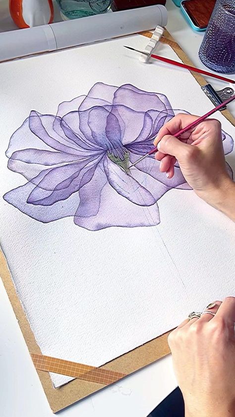 Apartment Ideas On A Budget, Painting Flowers Tutorial, Transparent Watercolor, Art Tutorials Watercolor, Watercolor Flowers Tutorial, Rose Purple, Studio Apartment Layout, Studio Apartment Ideas, Watercolor Lessons