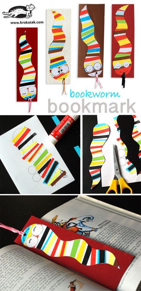 Wat heb je nodig: wit of gekleurd papier voor de basis, restjes gekleurd papier voor de strepen + een schaar en lijm. Succes :))) Bookworm Bookmark, Storytime Crafts, Vika Papper, Homeschool Crafts, Children Activities, Bookmark Craft, Bookmarks Kids, Diy Bookmarks, Spring Cards