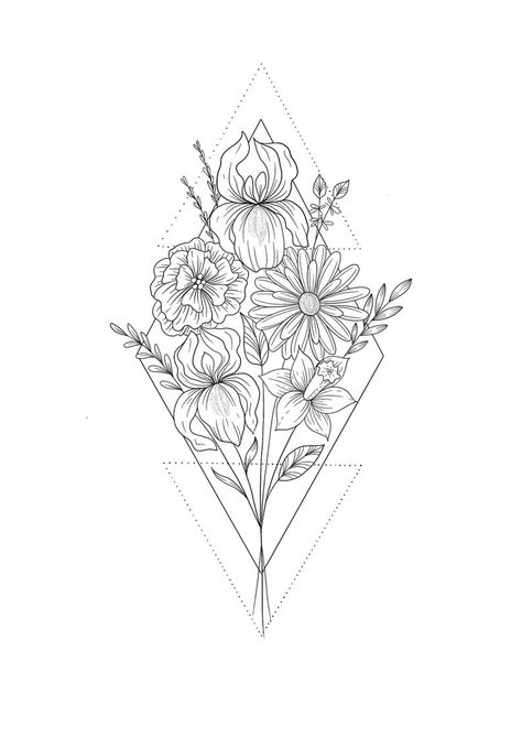 Birth Flower Drawing, Tattoos Representing Family, Bouquet Line Art, Tiny Flower Tattoo, Line Art Family, Geometric Flower Tattoo, Tiny Flower Tattoos, Flower Bouquet Tattoo, Tattoo Designer