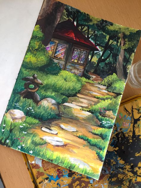 Aesthetic Gouache Art Landscape, Ghibli Art Painting, Ghibli Acrylic Painting, Aesthetic Gouache Art, Ghibli Painting, Drawing Simple, Canvas For Beginners, Gouache Art, Easy Canvas Painting