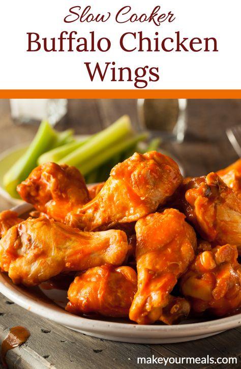 How to make Buffalo Wings in the slow cooker - ready whenever you are! #slowcooker #buffalowings #wings #chicken #crockpot #tailgate #gameday #Superbowl #FathersDay #menu #recipes #easy #makeyourmeals Slow Cooker Buffalo Chicken, Frozen Chicken Wings, Wings Recipe Buffalo, Buffalo Wild, Crispy Chicken Wings, Buffalo Chicken Wings, Buffalo Wild Wings, Healthier Options, Buffalo Wings