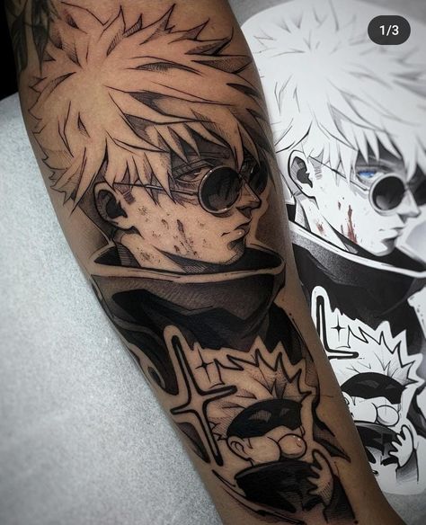 Anime Tattoos Sleeve Ideas, Tokyo Ghoul Mask Tattoo, Saturo Gojo Tattoo Ideas, Loner Tattoos Men, Anime Sleeve Tattoo, Sasuke Tattoo, Gojo Tattoo, Kakashi Tattoo, Tattoo Outline Drawing