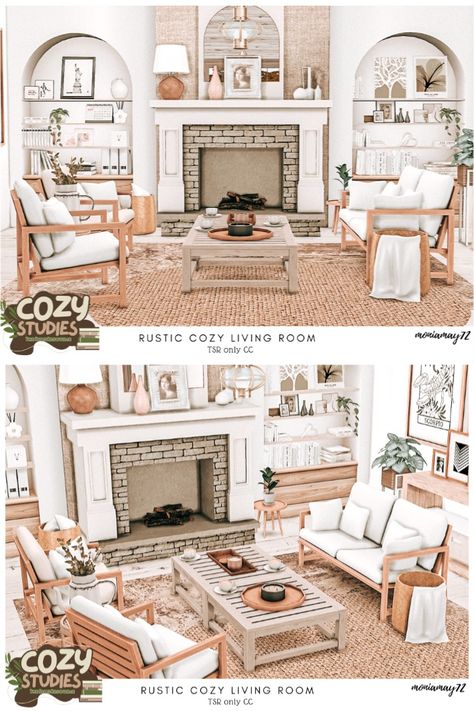 The Sims 4 Rustic Cozy Living Room CC's Custom Content Cozy Studies Collab. The Sims 4 University Housing bedroom interior Cozy Studies Collab. Back to school. Download at @thesimsresource #ShowUsYourBuilds #thesims4 #Sims4 #sims4game #ts4house #ts4build #ts4builds #ts4nocc #ts4mm #simsbuilds #ts4 #sims4housebuild #sims4house #sims4home #sims5 #sims4build #simshousedesign #thesims4housebuild . Download here: https://www.thesimsresource.com/downloads/1713848 Sims 4 Maxis Match Living Room, Sims 4 Fireplace Ideas, Sims 4 Build Cc Living Room, Sims 4 Farmhouse Living Room, Sims 4 Modern Farmhouse Cc, Sims Fireplace, Ts4 Cottage Living, Sims 4 Cc Cozy Furniture, The Sims 4 Living Room Cc