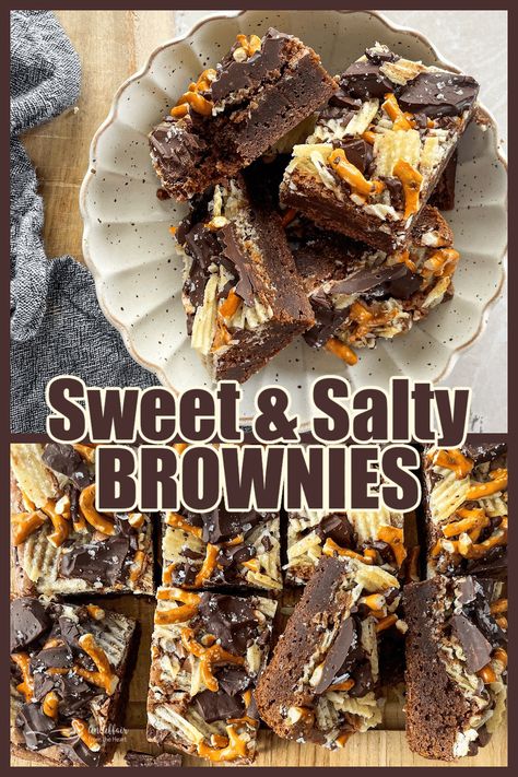 Sweet and Salty Brownies combine pretzels, potato chips and dark chocolate together to make the perfect brownies! Salty Brownies, Salty Desserts, Perfect Brownies, Dessert Bar Recipe, Brownies Recipe Easy, Homemade Donuts, Sweet Tarts, Best Dessert Recipes, Brownie Recipes