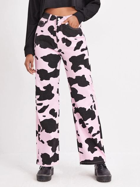 Cow Print Jeans, Wide Leg Jeans Casual, Long Denim Pants, Pink Cow Print, High Waist Wide Leg Jeans, Jeans Store, Print Jeans, Black Cow, Pink Cow