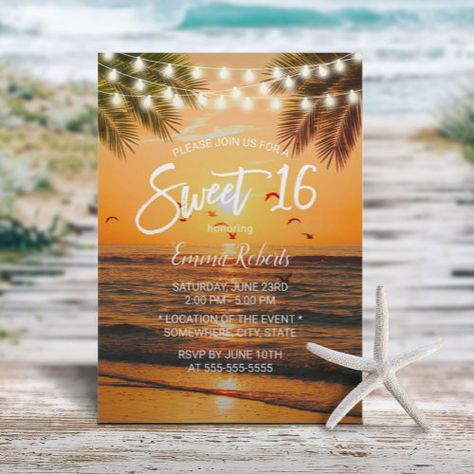 Sweet 16 Cards, Beach Sweet 16, Beach Birthday Invitations, Tropical Birthday Invitations, 80 Birthday, Tropical Theme Party, Beach Invitations, 16 Invitations, 80th Birthday Invitations