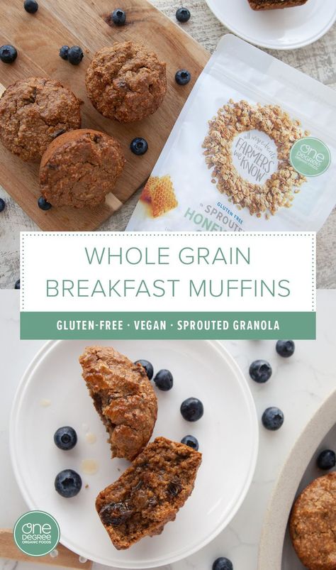 Take sprouted granola and sprouted rolled oats to go with Kathy's healthy Whole Grain Breakfast Muffin recipe. Perfect for busy mornings when there's no time for a hot bowl of sprouted oatmeal, these satisfying muffins make it easy to start your day with the goodness of organic sprouted whole grains from One Degree Organics. This small-batch sprouted oat recipe makes a manageable six muffins, so even small families can enjoy them fresh. Pin this healthy oatmeal muffin recipe for full days ahead! Sprouted Oatmeal Recipes, Sprouted Oats Recipes, Sprouted Rolled Oats Recipes, Whole Wheat Breakfast Muffins, Great Grains Cereal Recipes, Whole Grain Breakfast Muffins, Whole Grain Breakfast Cookies, Whole Grain Banana Muffins, Whole Grain Oatmeal