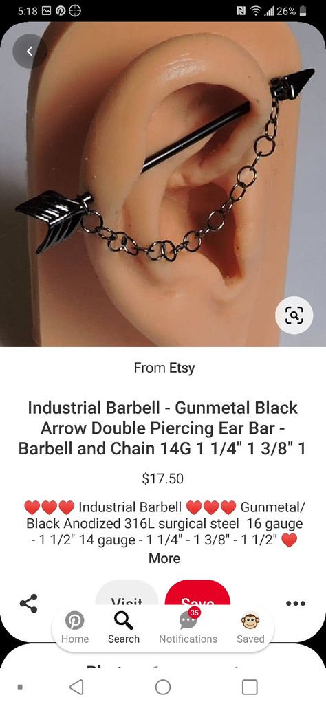 Black Industrial Piercing, Chain Industrial Piercing, Chain Industrial, Gender Euphoria, Ear Bar, Pinterest Wardrobe, Double Piercing, Industrial Barbell, Industrial Piercing