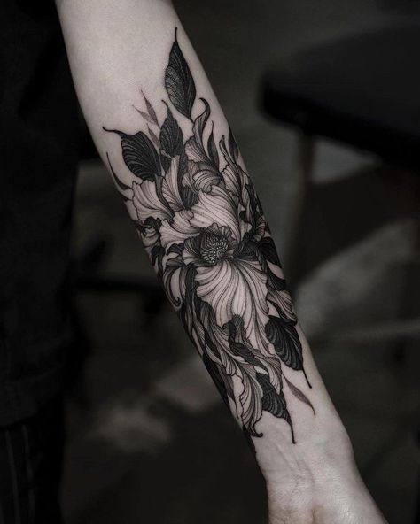 Women Forearm Tattoo Sleeve, Black Work Flower Tattoo, Forearm Tattoo Sleeve, Dark Tattoo Designs, Floral Forearm Tattoo, Beaver Skull, Back Of Forearm Tattoo, Dark Tattoo Ideas, Forever Sticker