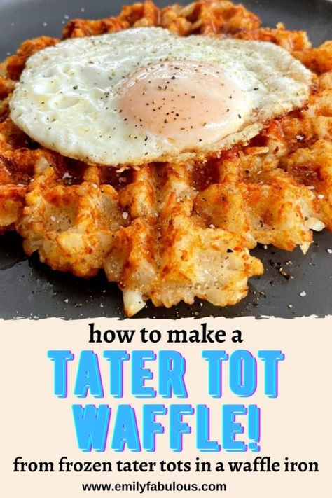 Waffle Iron Tater Tots - Easy - From Frozen - EmilyFabulous Dash Mini Waffle Maker Recipes Eggs, Tater Tots In Waffle Iron, Tater Tot Waffle Iron, Dash Mini Waffle Maker Recipes Easy, Waffle Iron Recipes Breakfast, Tator Tot Waffle, Dash Mini Waffles Recipe, Mini Waffle Maker Recipes Easy, Waffle Bake