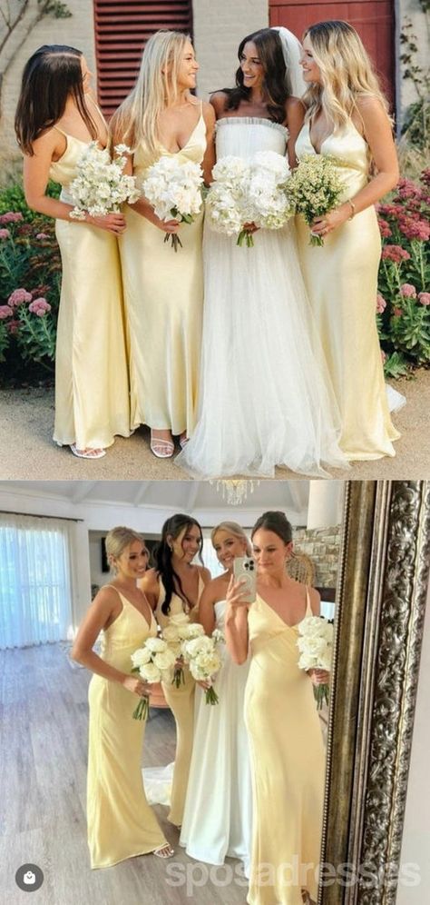 Simple Yellow Sheath Spaghetti Straps Maxi Long Bridesmaid Dresses For Wedding Party,WG1829 Soft Yellow Wedding, Light Yellow Bridesmaid Dresses, Yellow Bridal Party, Pastel Yellow Bridesmaid Dresses, Pale Yellow Bridesmaid Dresses, Light Yellow Weddings, Pale Yellow Weddings, Lemon Bridesmaid Dresses, Sunshine Wedding