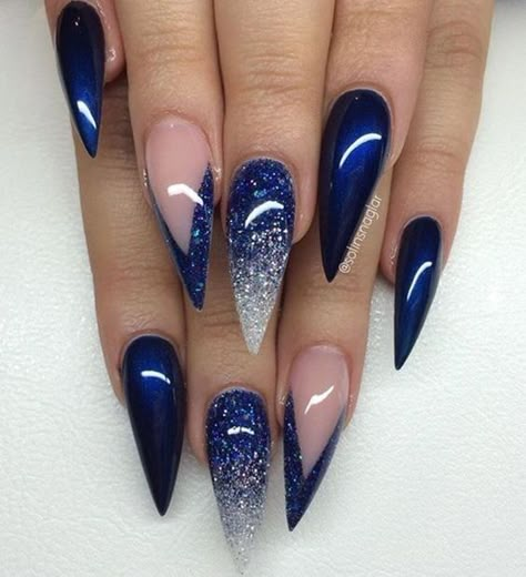 Blue Gel Nails, Navy Nails, Nails Dark, Nails With Glitter, Stiletto Nail Art, Blue Acrylic Nails, Valentine Nails, Stiletto Nails Designs, Nails Prom