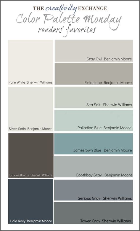 Readers' Favorite Paint Colors {Color Palette Monday} House Color Schemes Interior, Modern House Colors, Interior Paint Colors Schemes, Brown Living Room Decor, Vinyl Shutters, Hale Navy, Popular Paint Colors, House Color Palettes, Favorite Paint Colors