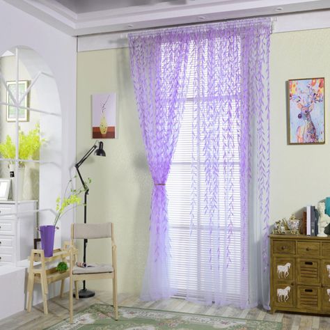 Elegant Modern Tulle Curtains For Living Room Bedroom Kitchen Green Leaf Sheer Curtains For Window Panel Drapes, Pattern Curtains, Leaf Curtains, Curtain For Living Room, Voile Panels, Kitchen Decorations, Willow Leaf, Tulle Curtains, Modern Window