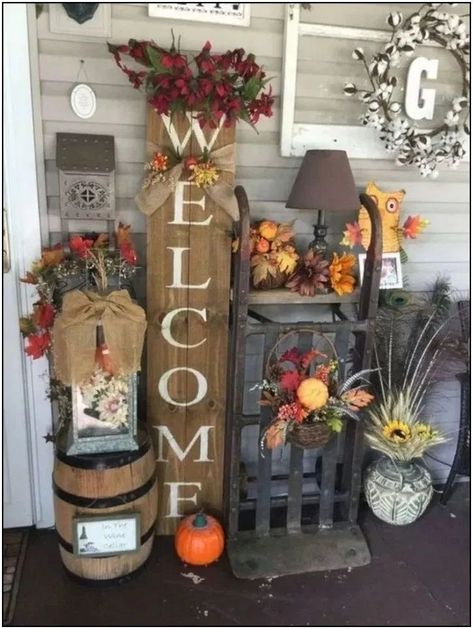 Farmhouse Front Porch Decorating, Fall Decorating Ideas, Fall Deco, Fall Ribbons, Fall Front Porch, Fall Outdoor Decor, Farmhouse Fall Decor, Fall Decorations Porch, Front Porch Decorating