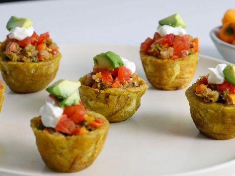 Get Chiktay Aranso Stuffed Plantain Cups Recipe from Food Network Plantain Cups, Smoked Herring, Green Plantains, Caribbean Jerk Chicken, Adobo Seasoning, Wedding Appetizers, Haitian Food Recipes, Food Network Canada, Plantains Fried