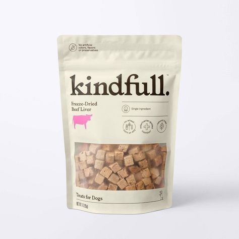 Beef Liver Dog Treats - Freeze-dried, 3 oz - Kindfull™ - Natural, healthy, and delicious dog treats made with 100% human-grade beef | #Cute_Dog_Treat_Packaging #Dog_Treats_Branding #Pet_Treat_Packaging #Dog_Treat_Packaging_Design Dog Food Products, Pet Treat Packaging Design, Dog Snack Packaging, Dog Treats Branding, Dog Treat Branding, Pet Treats Packaging, Dog Treats Packaging, Beef Liver Dog Treats, Treats Packaging