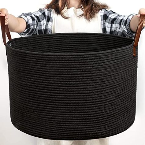 Blanket Basket Ideas, Basket With Blankets Living Rooms, Storage Spaces Bedroom, Large Baskets For Storage, Black Laundry Basket, Blanket Basket For Living Room, Large Blanket Basket, Basket For Living Room, Toy Storage Bin