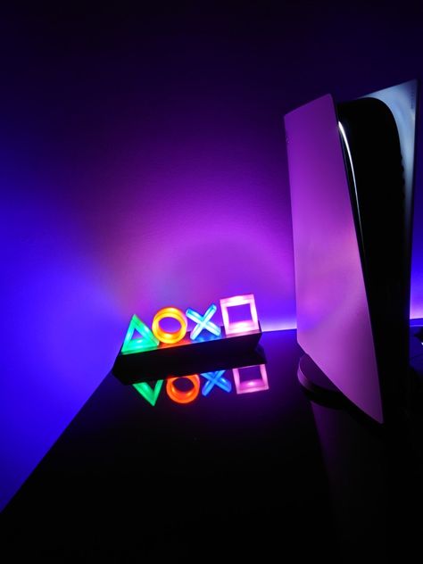 PlayStation 5 with lights Playstation 5 Aesthetic, Playstation Aesthetic, Playstation 5, Neon Art, Gamer Life, Playstation, Vision Board, Jordan, Neon Signs