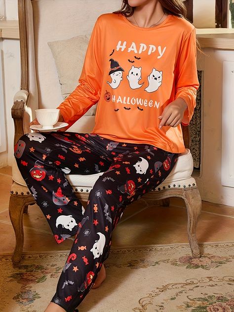 Women's Cute Cartoon Ghost & Jack-O-Lantern Print Pajama Set For Halloween, Long Sleeve Round Neck Top & Pants, Comfortable Relaxed Fit For Fall https://share.temu.com/DDDXuZ7s71A via @shoptemu Cute Pajama Sets, Cute Pajamas, Print Pajamas, Round Neck Tops, Pyjama Set, Amazon Tiktok, Cute Cartoon, Pajama Set, Color Mixing