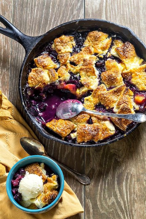 You'll love the peach blueberry combination. Pandowdy is every bit as good as pie but much easier to make. Enjoy! #pandowdy #fruitdesserts #blueberry #peach Sonker Recipe, Apple Pandowdy, Fruit Crisp Recipe, Blackberry Cobbler Recipe, Cobbler Recipes Easy, Fruit Desserts Easy, Southern Summer, Peach Blueberry, Blackberry Cobbler