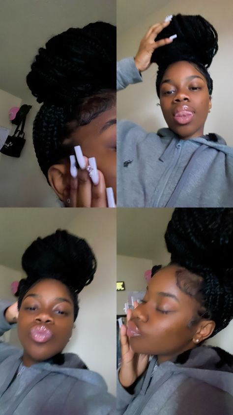 Braids In A Bun Black Women, Bun With Knotless Braids, High Bun With Braids, High Bun Braids, Knotless Bun, Knotless Braids In A Bun, Collage Hairstyles, Braids In Bun, High Bun Braid