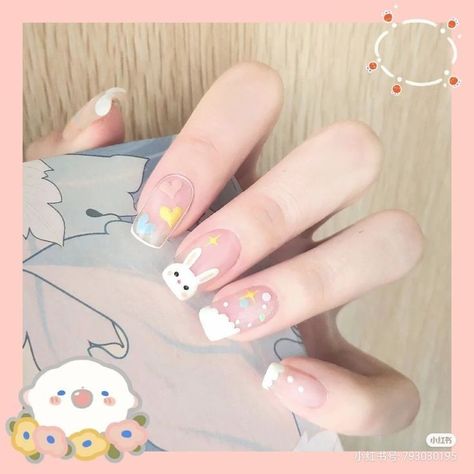 Pink Nail Art Inspiration, Nail Art Cute Kawaii, Kawaii Nails Short, Anime Nail Art, Bunny Nail Art, Spring Nail Art Ideas, Easter Nails Easy, Nail Cute, Bunny Nails