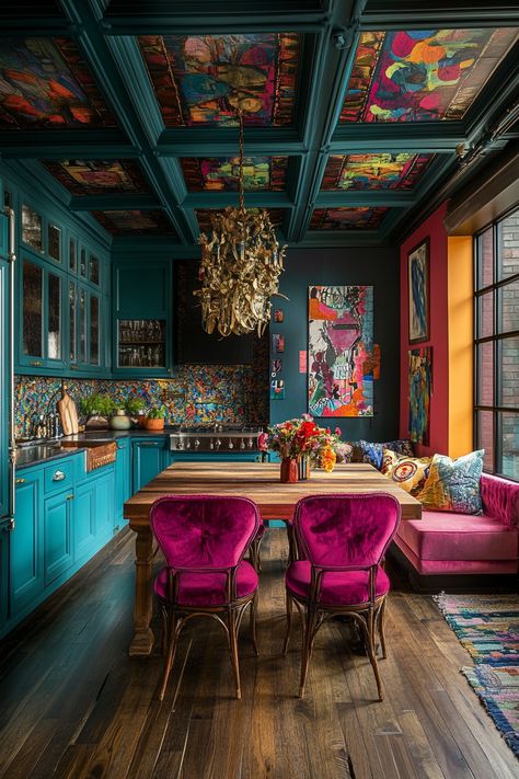 Eclectic Maximalism Office, Masculine Eclectic Decor, Artsy House Interior, Eclectic Maximalism Apartment, Eclectic Home Design, Bright Color Interior Design, Mexican Room Aesthetic, Eclectic Glam Decor, Havana Decor