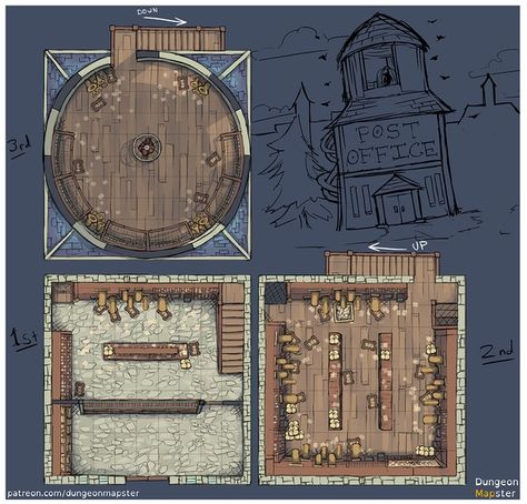 Kavalyr's Post Office (Public) |  Dungeon Mapster auf Patreon Fantasy Post Office, November Ideas, Cartographers Guild, Fantasy Town, Dnd Maps, Single Room, Dungeon Maps, D D Maps, Dnd Art