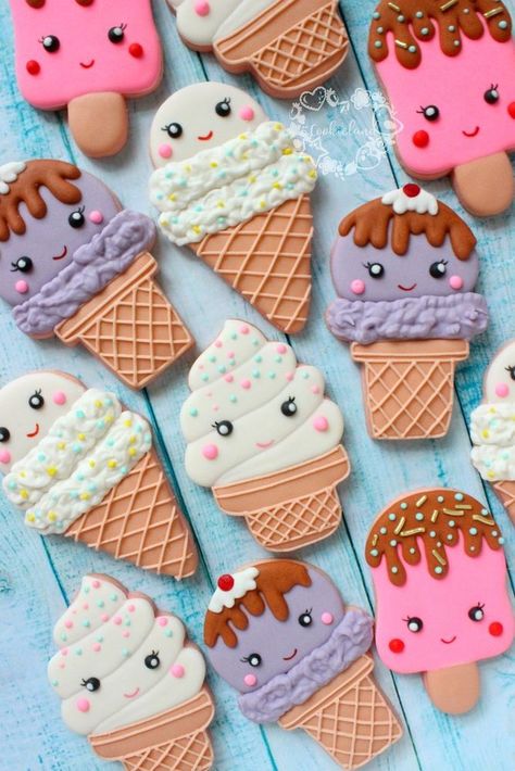 Ice cream cone Kawaii decorated sugar cookies for birthday party. Soo cute! Ice Cream Cone Royal Icing Cookies, Cute Ice Cream Wallpaper, Candy Cookies Decorated, Galletas Royal Icing, Decorated Cookies Royal Icing, Ice Cream Cone Cookies, Cookies For Birthday, Summer Sugar Cookies, Halloween Sugar Cookies Decorated