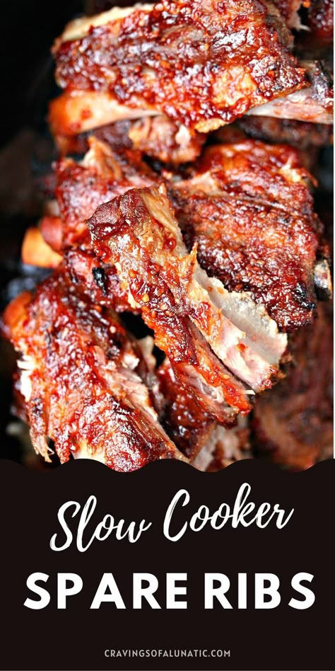 close up image of spare ribs cooked in a slow cooker Crock Pot Spareribs, Spare Ribs Recipe Crockpot, How To Cook Spare Ribs In Crock Pot, Keto Spare Ribs Crock Pot, Crockpot Beef Spare Ribs, Crockpot Pork Ribs Bone In, Crockpot Spareribs Slow Cooker, Crockpot Spare Ribs Recipes, Bbq Pork Spare Ribs Crock Pot