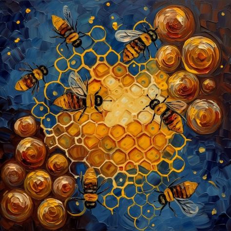 Painting Bees Acrylic, Bumble Bee Art Painting, Beehive Painting Ideas, Honeycomb Painting, Bee Mural, Bee Pictures Art, Painted Bees, Honeycomb Art, Honey Bee Art