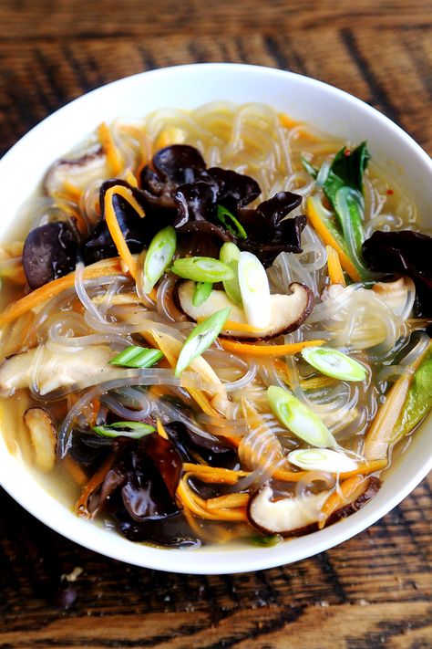 soup with clear noodles, carrots, shiitake mushrooms, wood ear mushrooms, lily bulbs Potato Noodle Soup, Wood Ear Mushroom, Clear Noodles, Ear Mushroom, Healing Soup, Sweet Potato Noodles, Shiitake Mushrooms, Noodle Soup Recipes, Vegan Soups