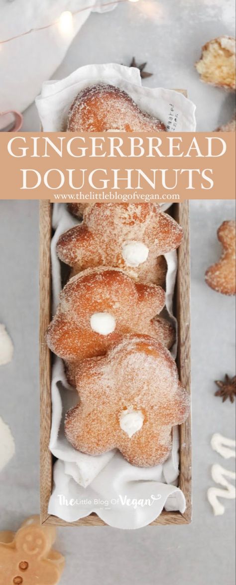 Vegan gingerbread man doughnuts in a wooden box Gingerbread Donuts, Cake Donuts Recipe, Beautiful Baking, Dairy Allergy, Lactose Intolerance, Vegan Gingerbread, Vegan Baking Recipes, Dairy Free Cake, Vegan Holiday