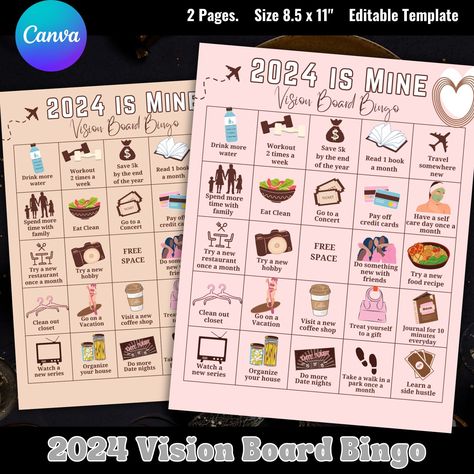 Bingo Vision Board, 2024 Vision Board Bingo Card, Virtual Vision Board Party, Bingo Goal Board, Vision Board Instructions, Vision Board Activity, Goals Sheet, Bingo Template, Vision Board Party