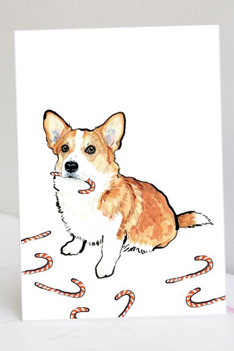 Hand crafted bespoke Corgi Christmas Cards from our custom pet portrait dog illustration greeting card collection! Our Corgi Christmas Card is the perfect way to show loved ones you're thinking of them this holiday season. Wide range of original hand painted pet portraits, birthday cards, greeting cards, and gifts to treat any and every pet person in your life. Click the Link or Shop Now on Etsy.com and pet-portrait-illustration.com! Dog Christmas Card Illustration, Corgi Christmas Card, Dog Holiday Card, Dog Christmas Cards Handmade, Christmas Dog Card, Dog Christmas Cards Ideas, Christmas Dog Painting, Dog Christmas Card Ideas, Christmas Card Drawing