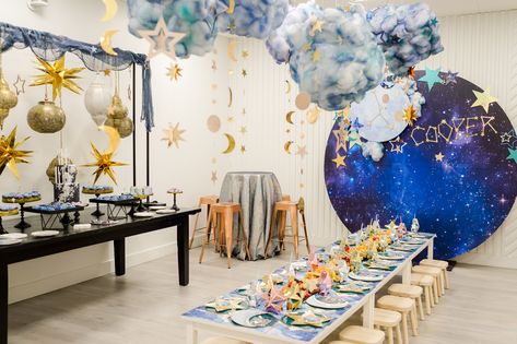 A Celestial Birthday Party for Kids That Was Written in the Stars Zodiac Birthday Theme, Zodiac Party Decorations, Zodiac Party Theme, Moon Party Decorations, Celestial Birthday Party, Zodiac Halloween, Zodiac Party, Celestial Birthday, Galaxy Birthday