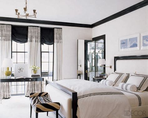 In this master bedroom designed by Brian McCarthy the ebonized-wood bed and upholstery fabric are by Ralph Lauren Home. Glamorous Room, Black White Bedrooms, White Bedroom Design, Bedroom Traditional, Art Deco Bedroom, Deco Bedroom, Perfect Bedroom, Furniture Layout, Crown Molding