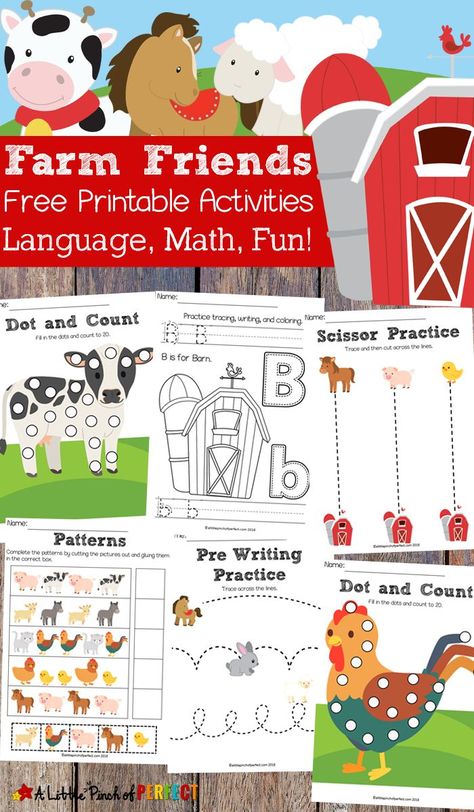 Kids will love learning with farm animals using this free, farm friends printable activity pack. Download 35 pages of activities for your child to learn math and language including do-a-dot pages, coloring, pre-writing activities, cut and paste patterns, counting, and more. Perfect for learning at home or in the classroom, this pack is full of learning fun! #preschool #farm #printables #animals #spring #classroom Farm Activities Preschool, Farm Printable, Preschool Farm, Farm Animals Preschool, Farm Lessons, Farm Animals Activities, Farm Theme Preschool, Farm Unit, Farm Animals Theme