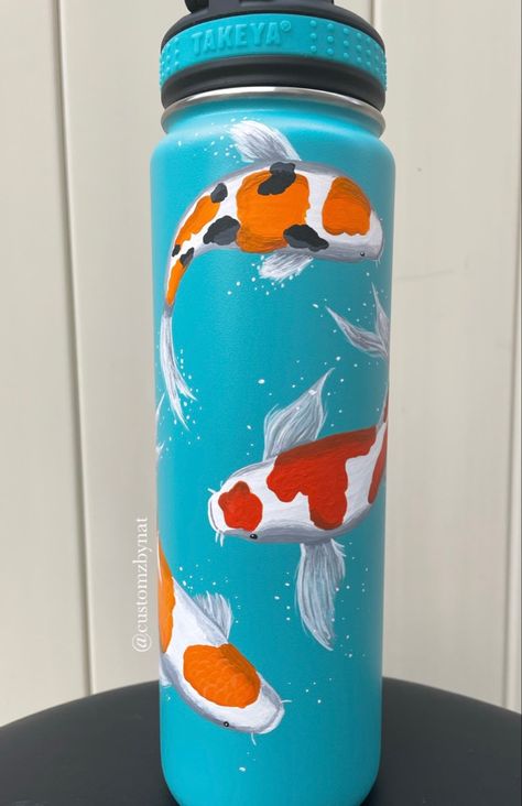 Some cute koi fish on a bottle i painted :) #koifishtattoo #koifish #japaneseart Painting On Water Bottles, Painting Water Bottle, Water Bottle Art, Fish Vase, Painting Fashion, Koi Fish Tattoo, Water Bottle Design, Art Drawings Sketches Creative, Fish Painting