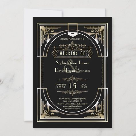 20s Style Wedding, Gold Art Deco Pattern, Black And Gold Wedding Invitations, Hollywood Birthday Parties, Roaring 20s Wedding, Great Gatsby Art, Fifty And Fabulous, Gold Save The Dates, Elegant Save The Date