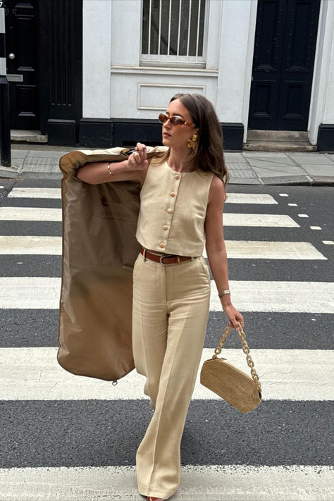 @keziarosecook is wearing our Altea vest and Giovanni trousers from our latest collection Editions. This monochrome light beige outfit is the perfect spring transitional outfit. Styled with square sunglasses our Isabelle bag and our Albane gold earrings, Light Beige Outfit, Semi Formal Outfits For Women, Neutral Spring Outfit, Timeless Outfits, Look Formal, Random People, Beige Outfit, Transition Outfits, Woven Raffia