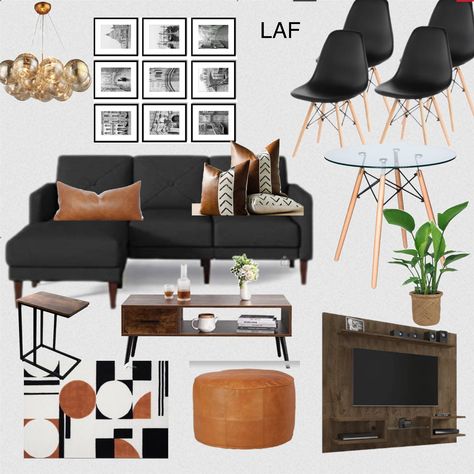 Black Couch Mid Century Modern, White Walls Black Couch Living Room, Black Leather Living Room Ideas, Tan And Black Living Room, Black White And Brown Living Room, Black Couches Living Room Ideas, Black Living Room Ideas Apartments, Living Room With Black Couch, Black And Tan Living Room