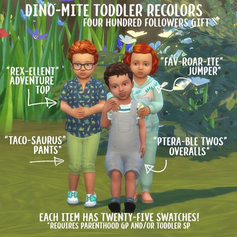 Dinomite Toddler Recolors | Clothing Set Sims 4 Dinosaur, Dinosaur Puns, Dinosaur Outfit, 4 Characters, Sims 4 Mm Cc, Sims 4 Mm, Sims 4 Toddler, Toddler Sweater, Sims Hair