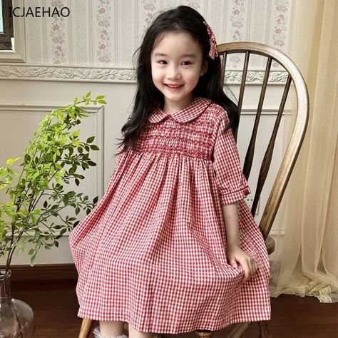 2025 Kids Children Smocked Dresses Girl Vintage Casual Clothes Red Check Princess Costume Handmade