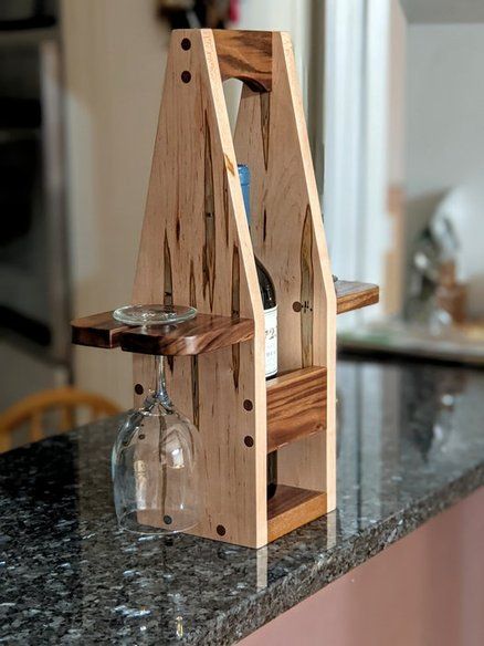 Wine Bottle and Glasses Caddy Wine Crafts Wooden, Wooden Wine Bottle And Glass Holder, Diy Wine Caddy, Ambrosia Maple Projects, Wine Bottle And Glass Holder, Wine Bottle Glass Holder, Wood Wine Bottle Holder, Bow Rack, Workbench Plan