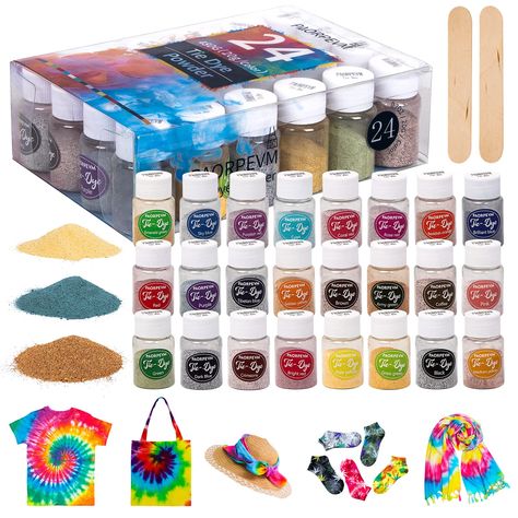 PRICES MAY VARY. 【Beautifully Tie Dye Powder Wrapped】20g/0.70oz value pack per bottle, 24 different colors, you can mix and match to your satisfaction.Each bottle has their own label,you could find it easily. Make your tie dye craft more easily. Bottled won't make your place look cluttered, it's easy to organize, and it can keep things neat and tidy. 【Easy to Tie Dye】Colorful tie dye kit with step-by-step instructions, no need to soak the fabric in soda ash before dyeing, just add water to activ Diy Tie Dye, Diy Tie, Fabric Dye, Kits For Kids, Tie Dye, Dye, Party Supplies