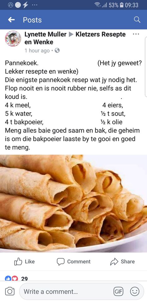 Pannekoek South African Desserts Afrikaans, African Pancakes, Recipe For Pancakes, South African Desserts, African Dessert, Africa Food, African Cooking, African Recipes, South African Recipes