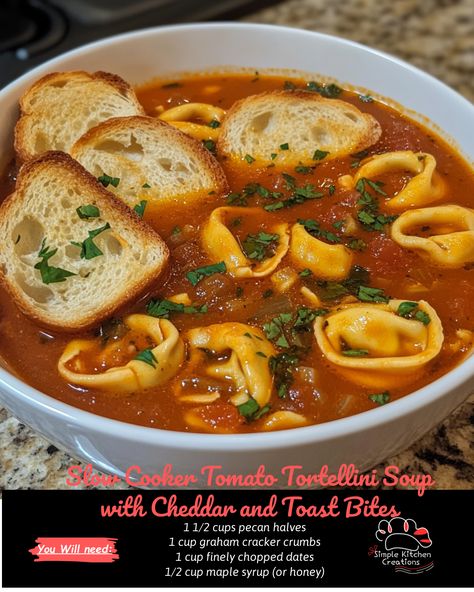 Indulge in the cozy comfort of Slow Cooker Tomato Tortellini Soup with Cheddar and Toast Bites. This hearty and delicious soup is packed with cheesy tortellini, tangy tomatoes, and topped with crunchy toast bites for the perfect blend of flavors and textures. Whip up a batch in your slow cooker for a tasty and satisfying meal that will warm you up from the inside out. Perfect for chilly nights or lazy weekends, this recipe is sure to become a new favorite in your meal rotation. #slowcookerrecipes #tortellinisoup #comfortfood #soupseason Slow Cooker Tomato Tortellini Soup, Tomato Tortellini Soup Crockpot, Tortellini Soup Crockpot, Soup Tortellini, Kielbasa Soup, Cheesy Tortellini, Tomato Tortellini, Rotisserie Chicken Salad, Tomato Tortellini Soup